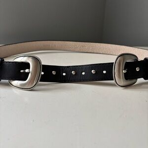 Vintage Black Belt with Leather Lining with Double Silver Buckle Accents size S